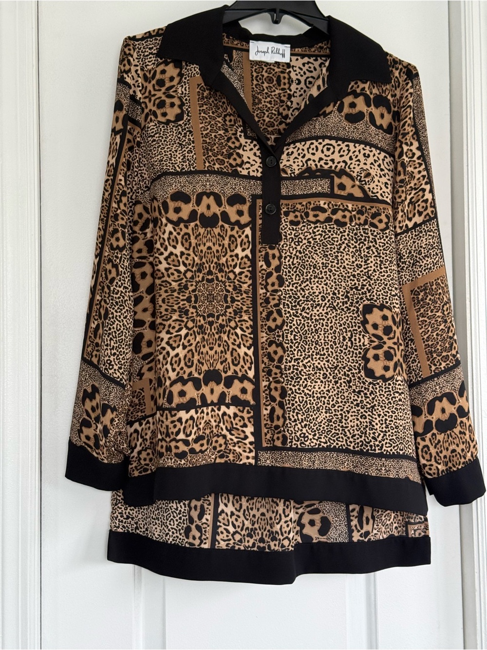 Joseph Ribkoff Black and Tan Leopard Patchwork Tunic